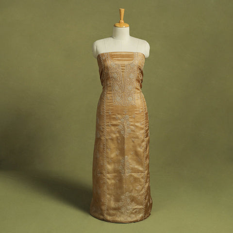 Brown Hand Embroidery Tussar Silk Chikankari Kurta Material