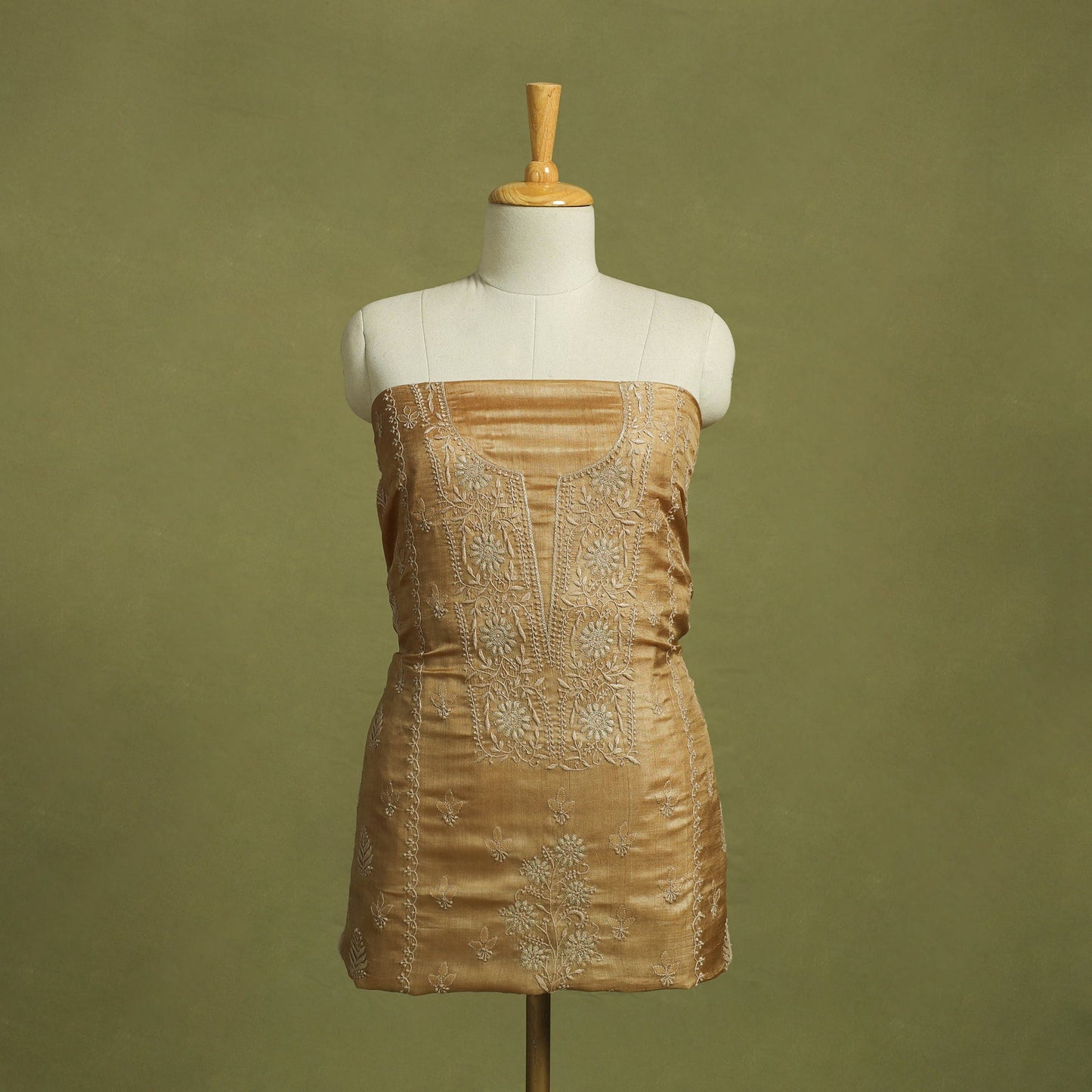 Brown Hand Embroidery Tussar Silk Chikankari Kurta Material