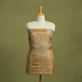 Brown Hand Embroidery Tussar Silk Chikankari Kurta Material