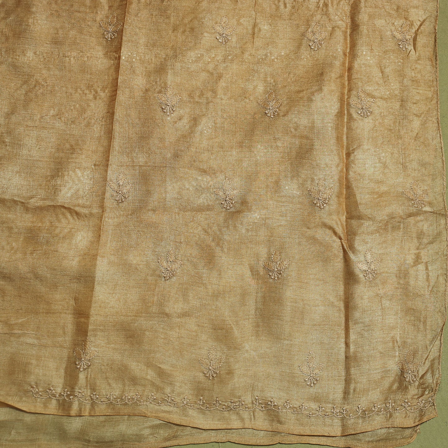 Brown Hand Embroidery Tussar Silk Chikankari Kurta Material