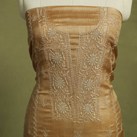 Brown Hand Embroidery Tussar Silk Chikankari Kurta Material
