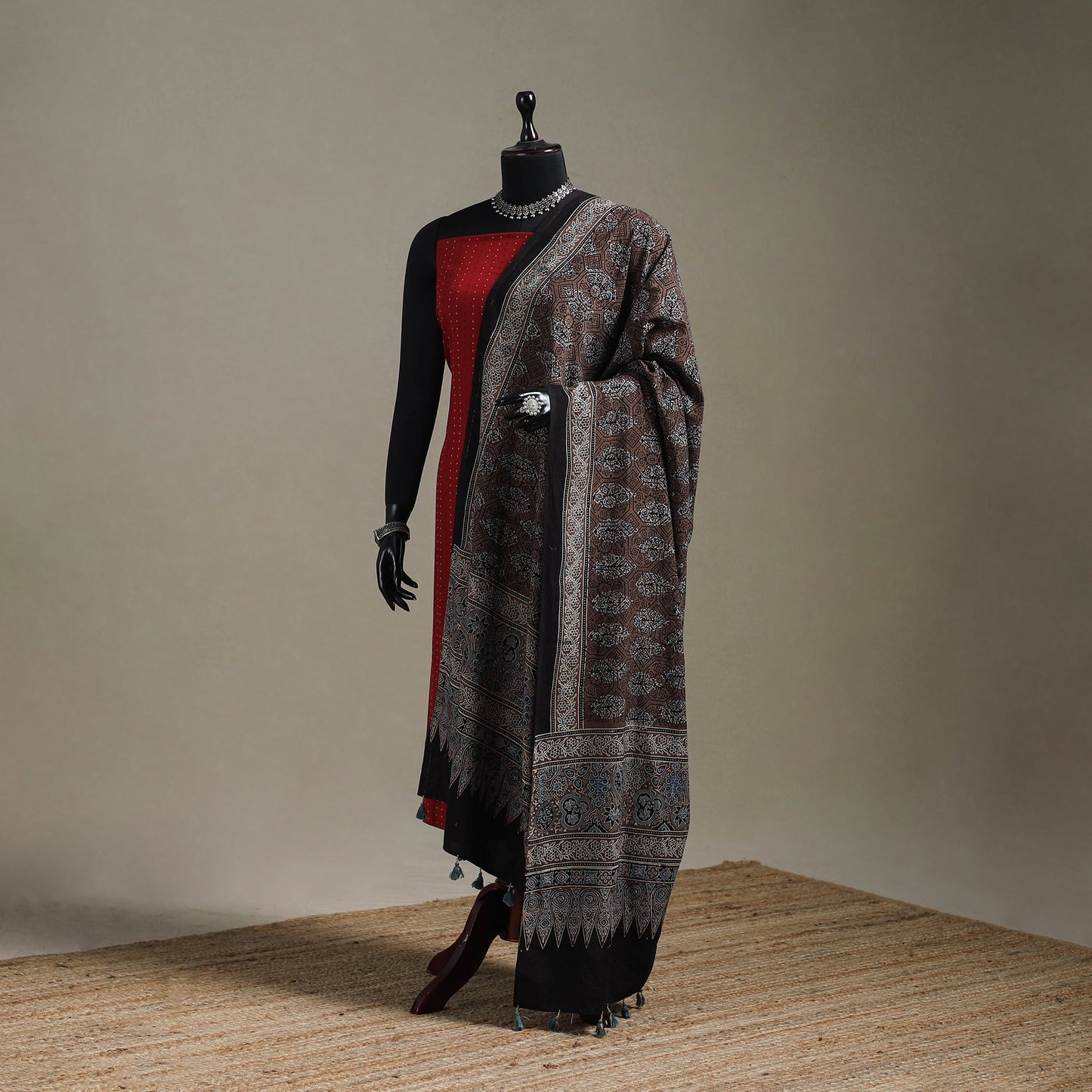 Hand natural dyed cotton dupatta with tassels 01