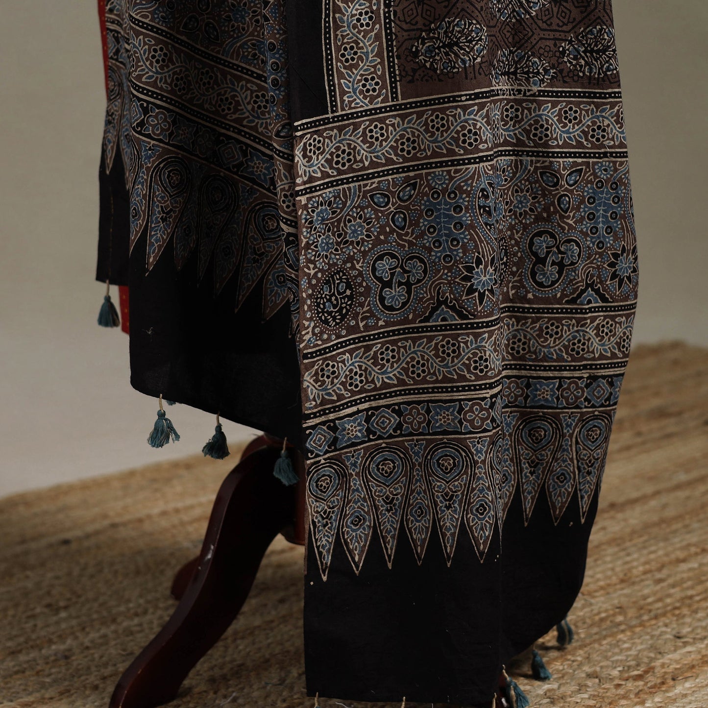 Hand natural dyed cotton dupatta with tassels 01