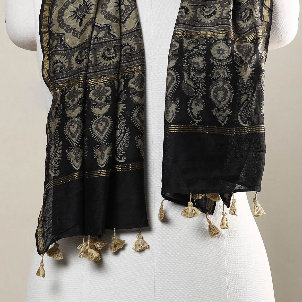 Brown - Ajrakh Hand Block Printed Chanderi Silk Handloom Stole with Tassels