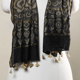 Brown - Ajrakh Hand Block Printed Chanderi Silk Handloom Stole with Tassels