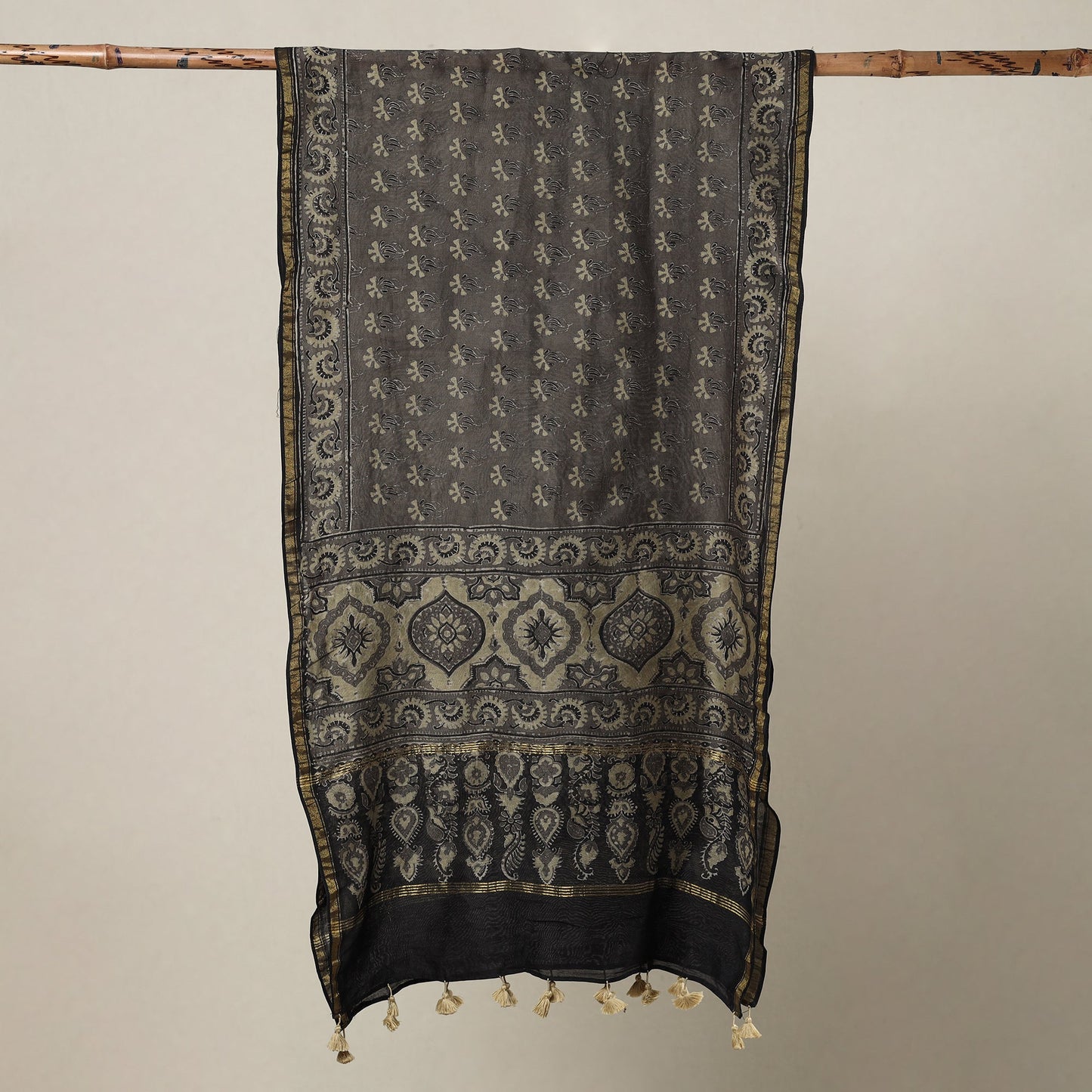 Brown - Ajrakh Hand Block Printed Chanderi Silk Handloom Stole with Tassels