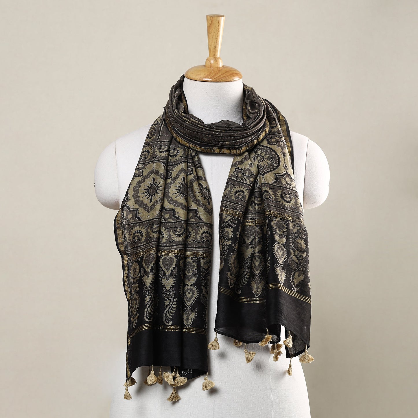 Buy Ajrakh Hand Block Printed Chanderi Silk Handloom Stole with Tassels Online at iTokri.com