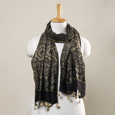 Buy Ajrakh Hand Block Printed Chanderi Silk Handloom Stole with Tassels Online at iTokri.com