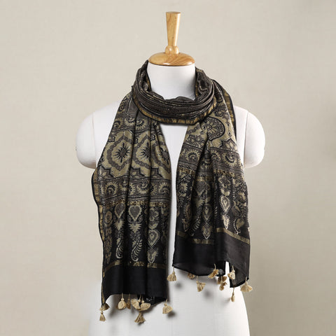 Buy Ajrakh Hand Block Printed Chanderi Silk Handloom Stole with Tassels Online at iTokri.com