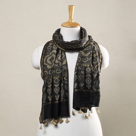 Brown - Ajrakh Hand Block Printed Chanderi Silk Handloom Stole with Tassels