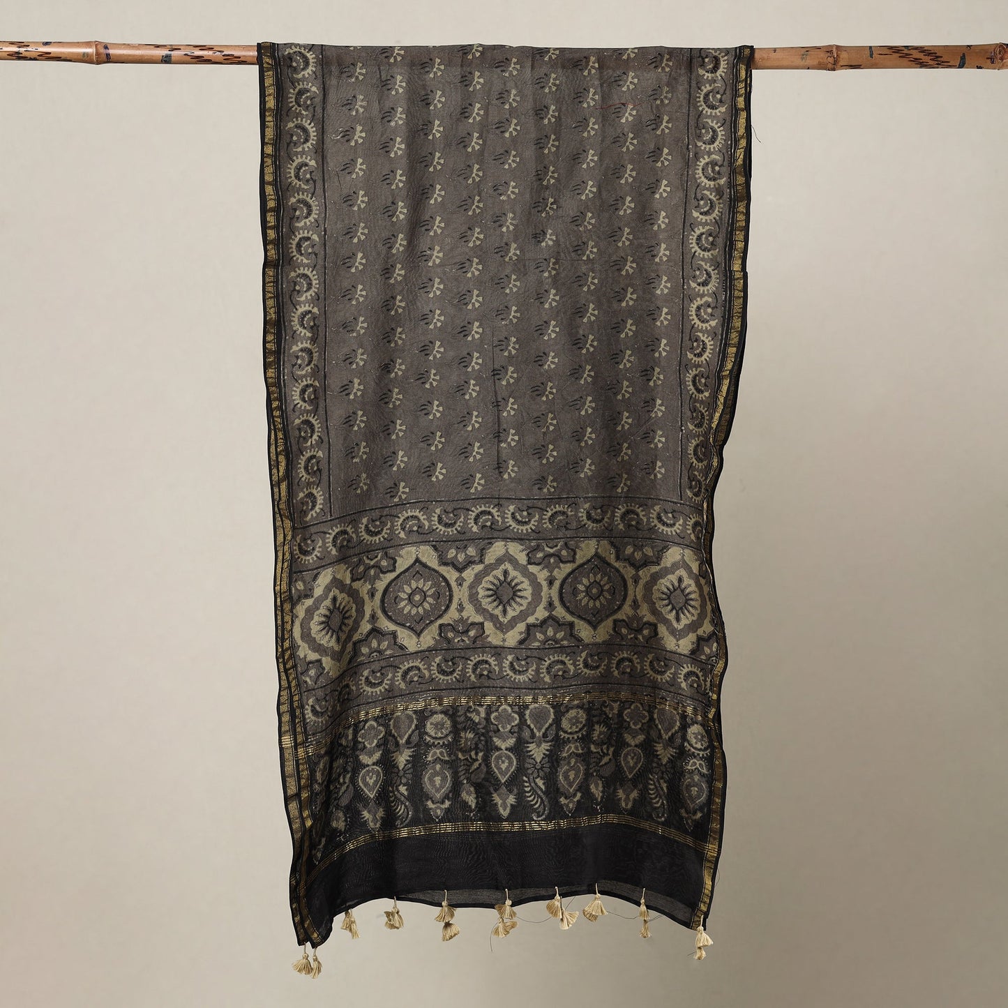 Buy Ajrakh Hand Block Printed Chanderi Silk Handloom Stole with Tassels Online at iTokri.com