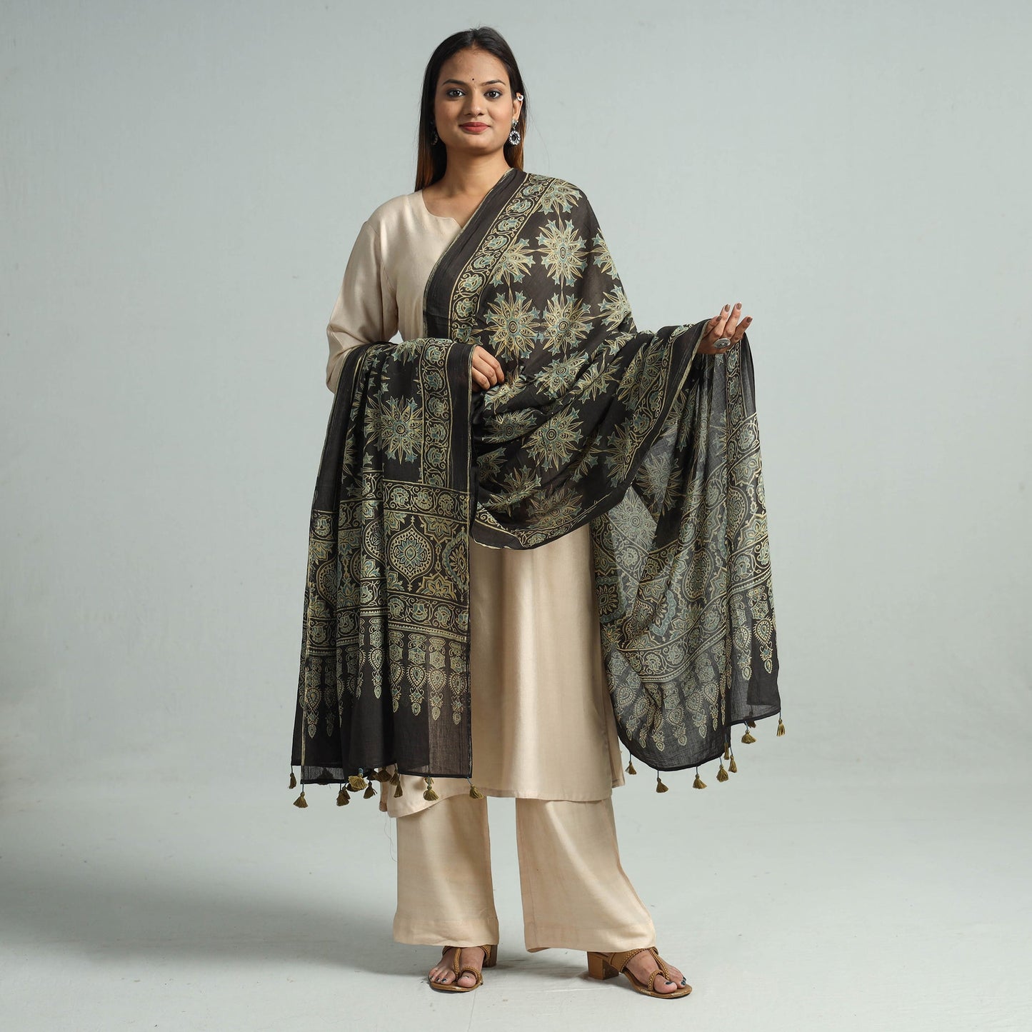 Hand Block Printed Mul Cotton Ajrakh Dupatta