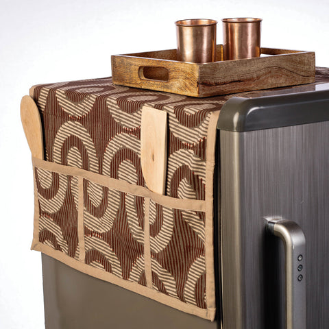 Brown Hand Block Printing Cotton Fridge Top Cover with Multiple Pockets