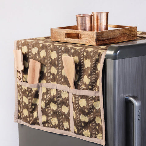 Brown Hand Block Print Cotton Fridge Top Cover with Pockets 