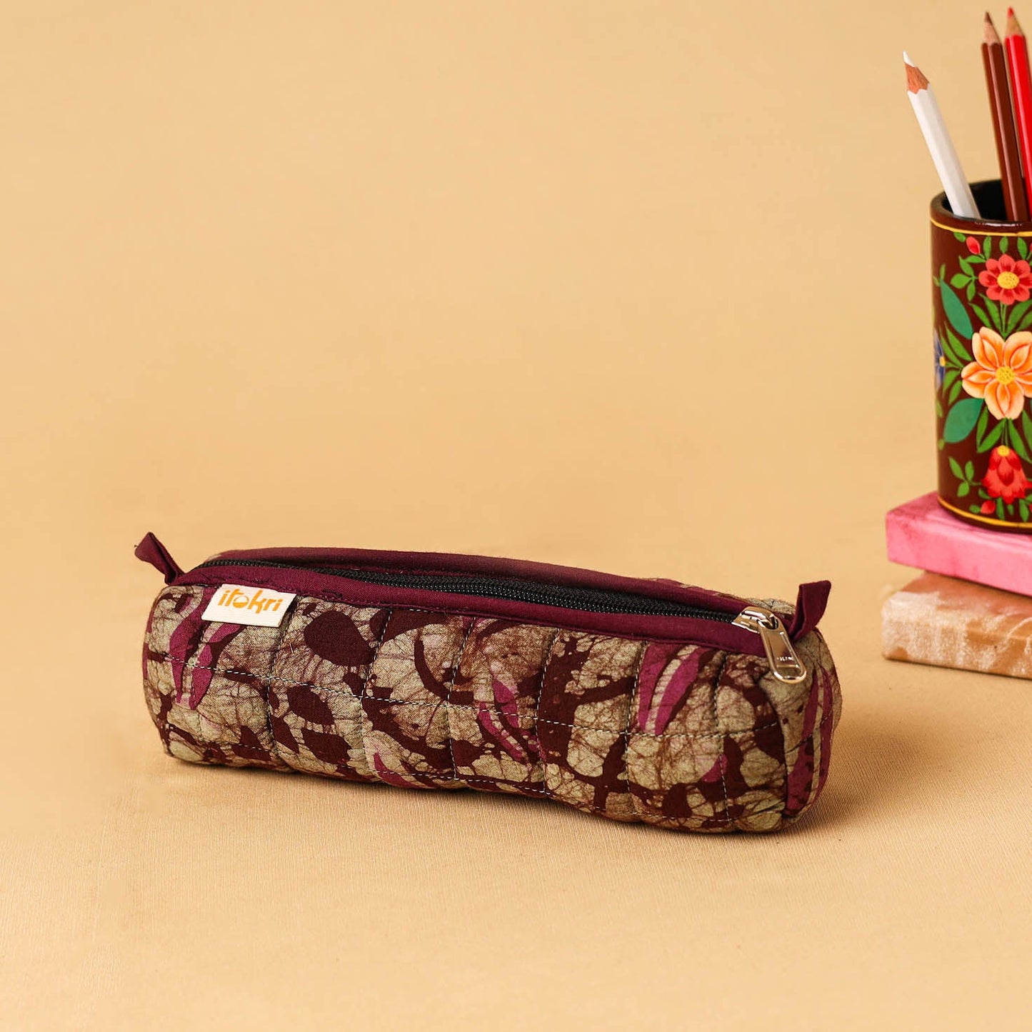 Brown - handcrafted cotton quilted pencil pouch 01
