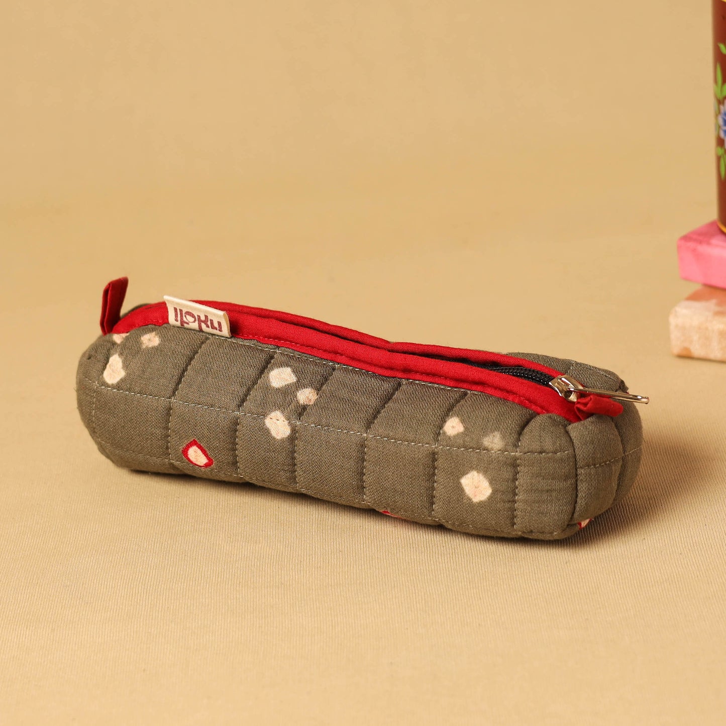 Brown - handcrafted cotton quilted pencil pouch 03