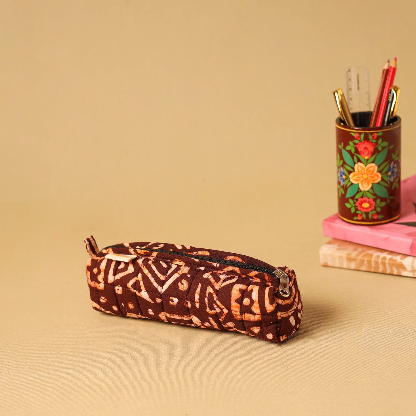 Brown - handcrafted cotton quilted pencil pouch 09