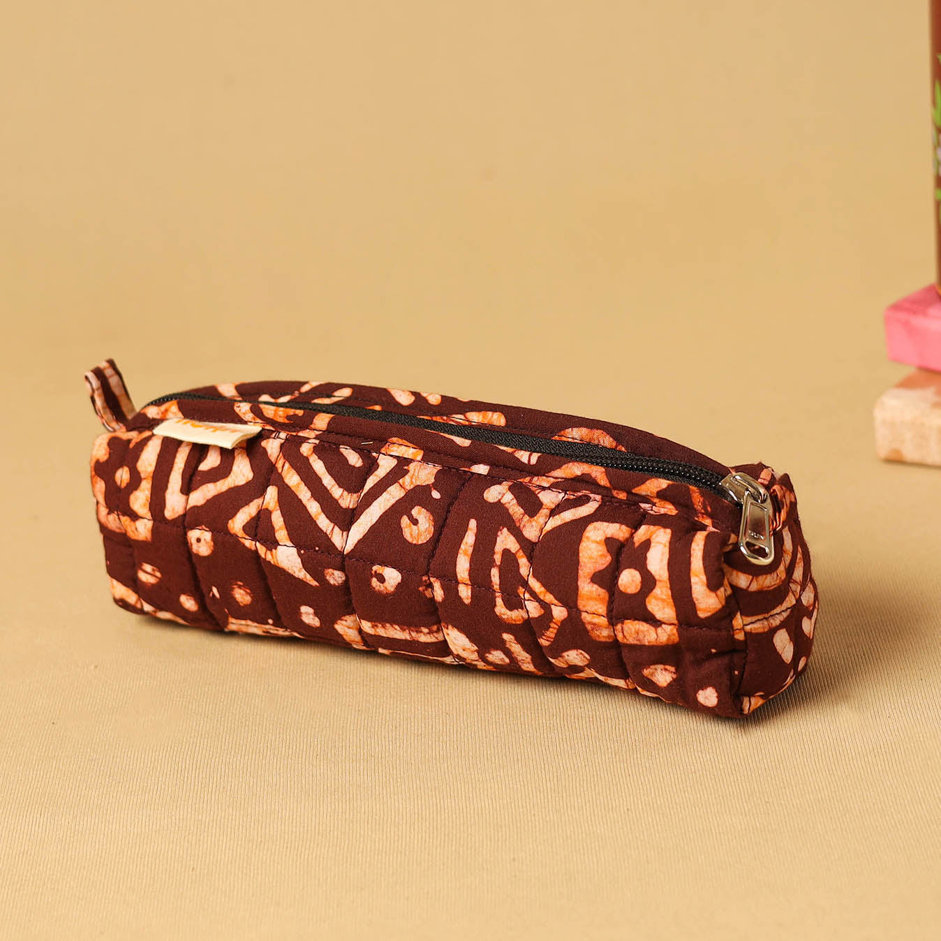 Brown - handcrafted cotton quilted pencil pouch 09