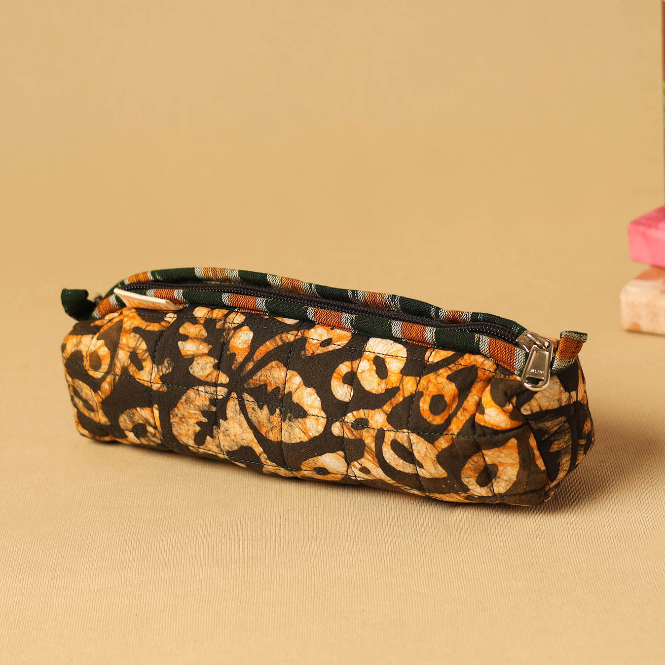 Brown - handcrafted cotton quilted pencil pouch 10