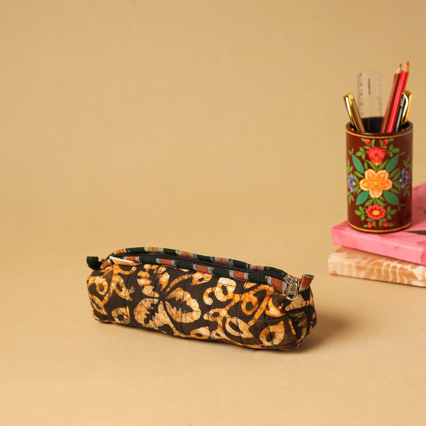 Brown - handcrafted cotton quilted pencil pouch 10