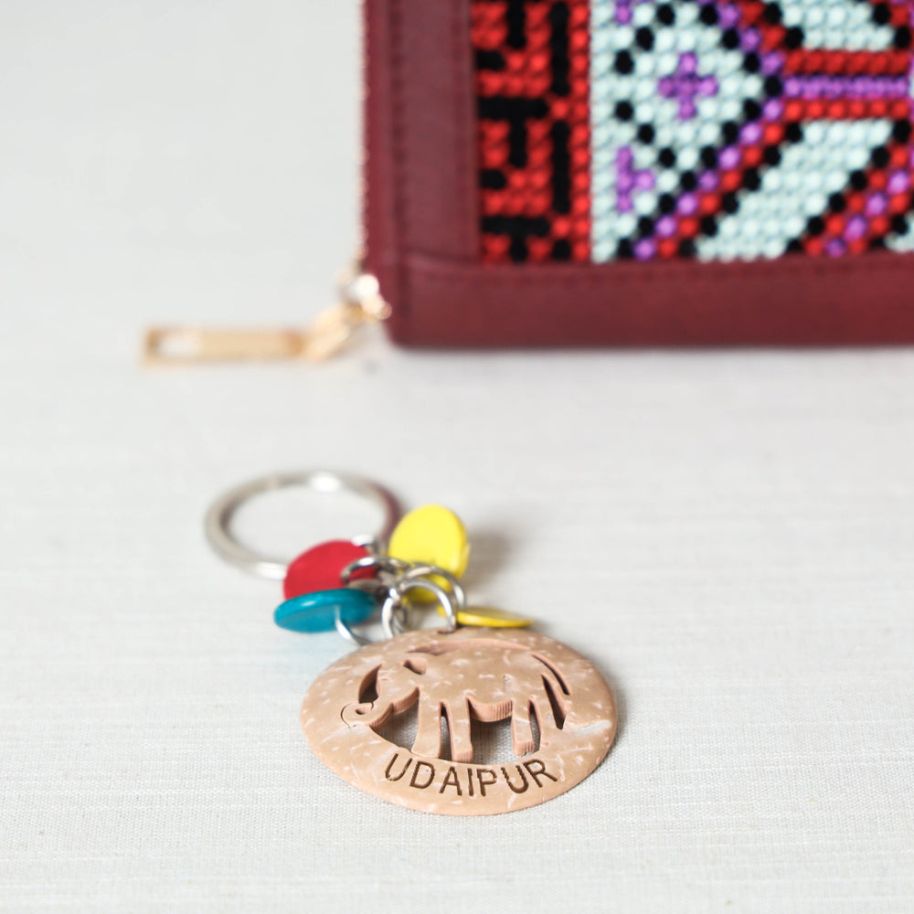 Brown Handcrafted Embroidered Clutch Wallet with Keychain