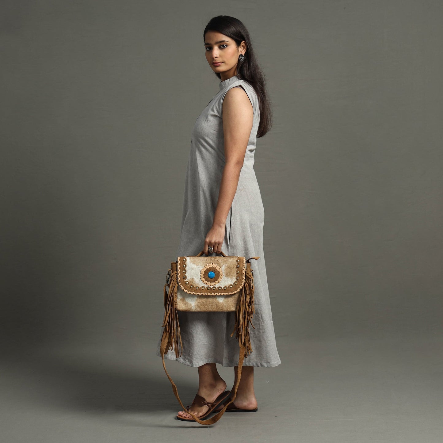 Brown Handcrafted Fur Leather Fringe Sling Bag with Blue Stone