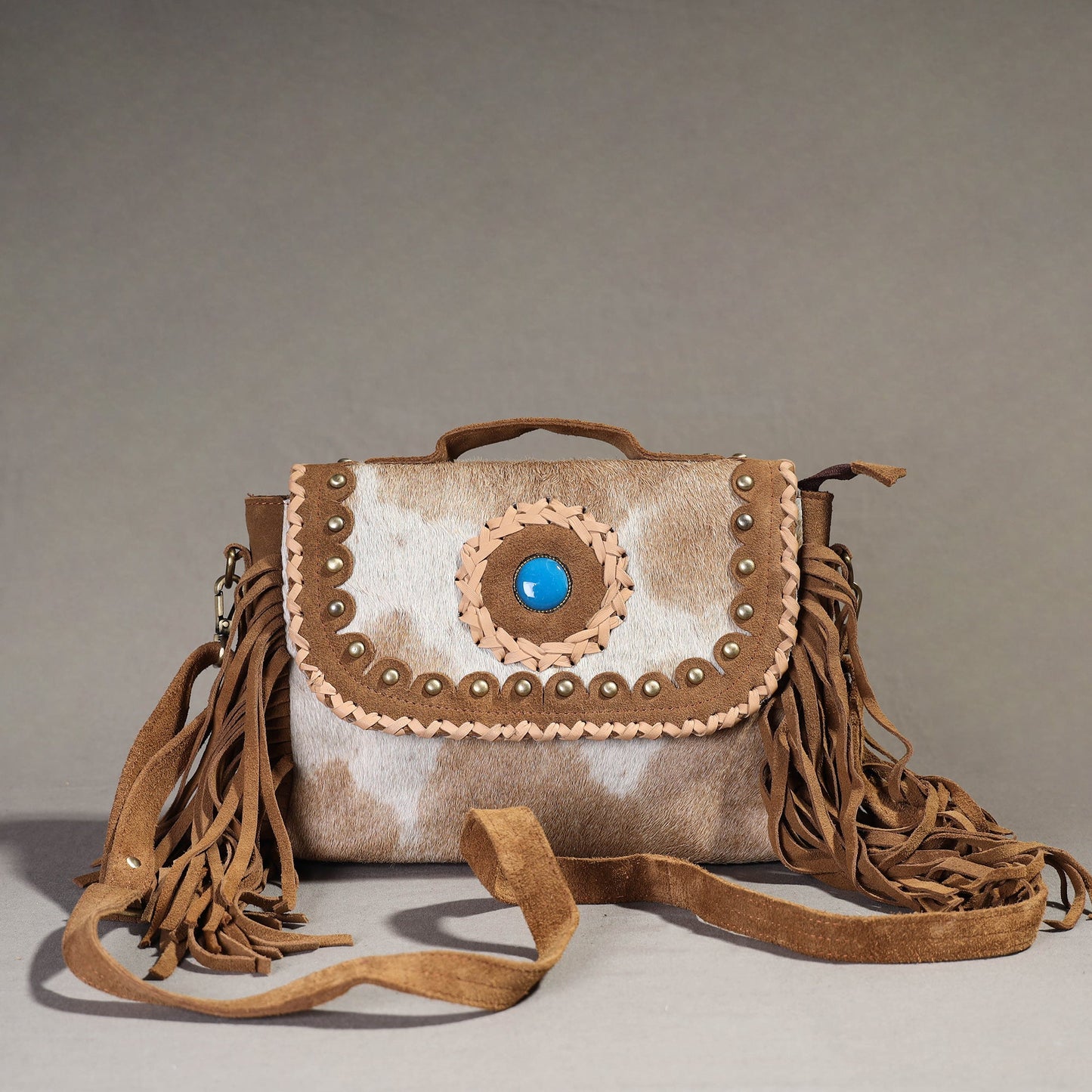 Brown Handcrafted Fur Leather Fringe Sling Bag with Blue Stone