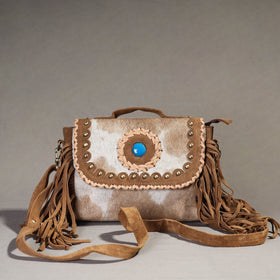 Brown Handcrafted Fur Leather Fringe Sling Bag with Blue Stone