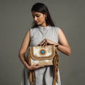 Brown Handcrafted Fur Leather Fringe Sling Bag with Blue Stone