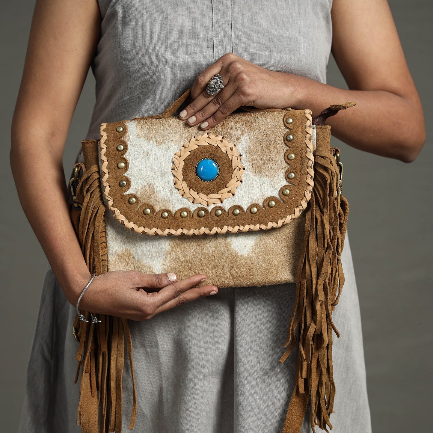 Brown Handcrafted Fur Leather Fringe Sling Bag with Blue Stone
