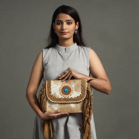Brown Handcrafted Fur Leather Fringe Sling Bag with Blue Stone