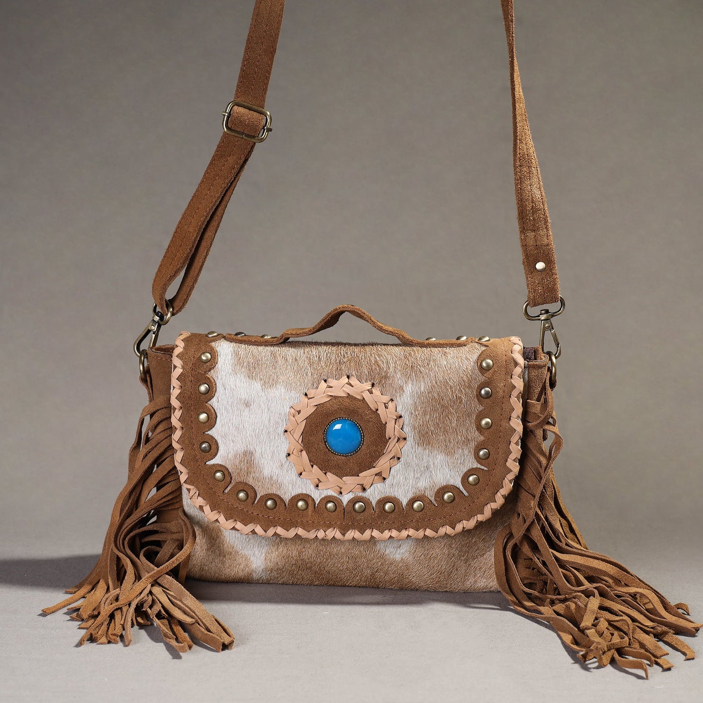 Brown Handcrafted Fur Leather Fringe Sling Bag with Blue Stone