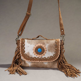 Brown Handcrafted Fur Leather Fringe Sling Bag with Blue Stone