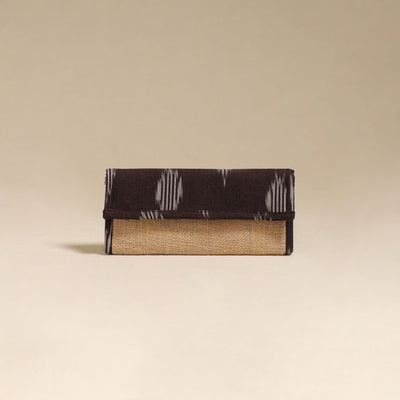 Brown - handcrafted ikat fabric jute clutch / wallet