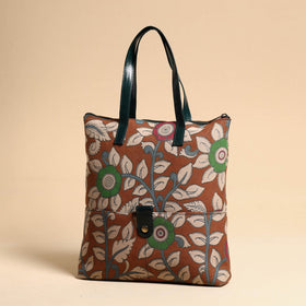 Brown Handcrafted Kalamkari Printed Hand Bag with Leather Handle