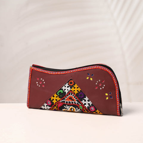 Brown Handcrafted Kutch Embroidery Leather Clutch / Wallet