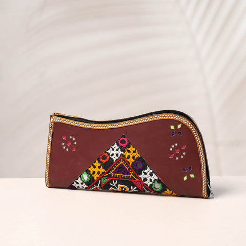 Brown Handcrafted Kutch Embroidery Leather Clutch / Wallet