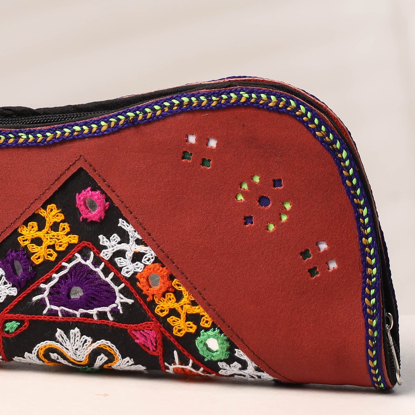 Brown Handcrafted Kutch Embroidery Leather Clutch / Wallet