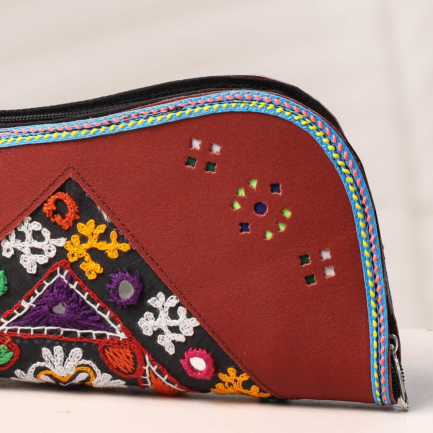 Brown Handcrafted Kutch Embroidery Leather Clutch / Wallet