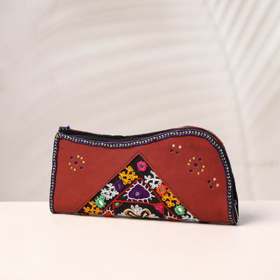Brown Handcrafted Kutch Embroidery Leather Clutch / Wallet