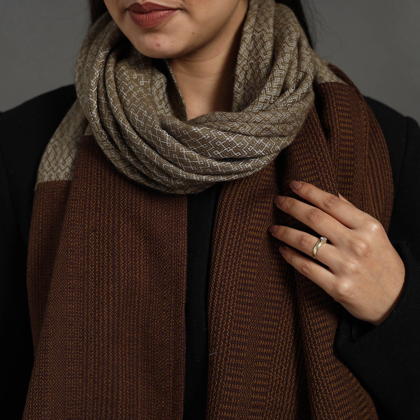 Brown - handcrafted patchwork woollen stole 12