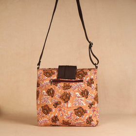 Brown Handcrafted Sanganeri Printed Leather Sling Bag