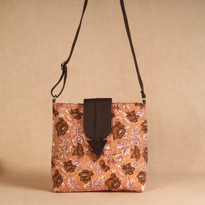 Brown Handcrafted Sanganeri Printed Leather Sling Bag