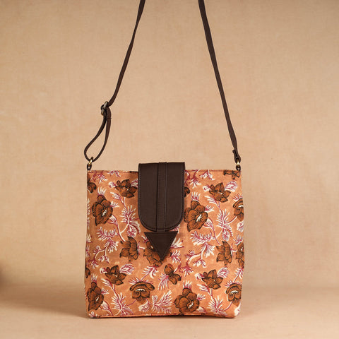 Brown Handcrafted Sanganeri Printed Leather Sling Bag