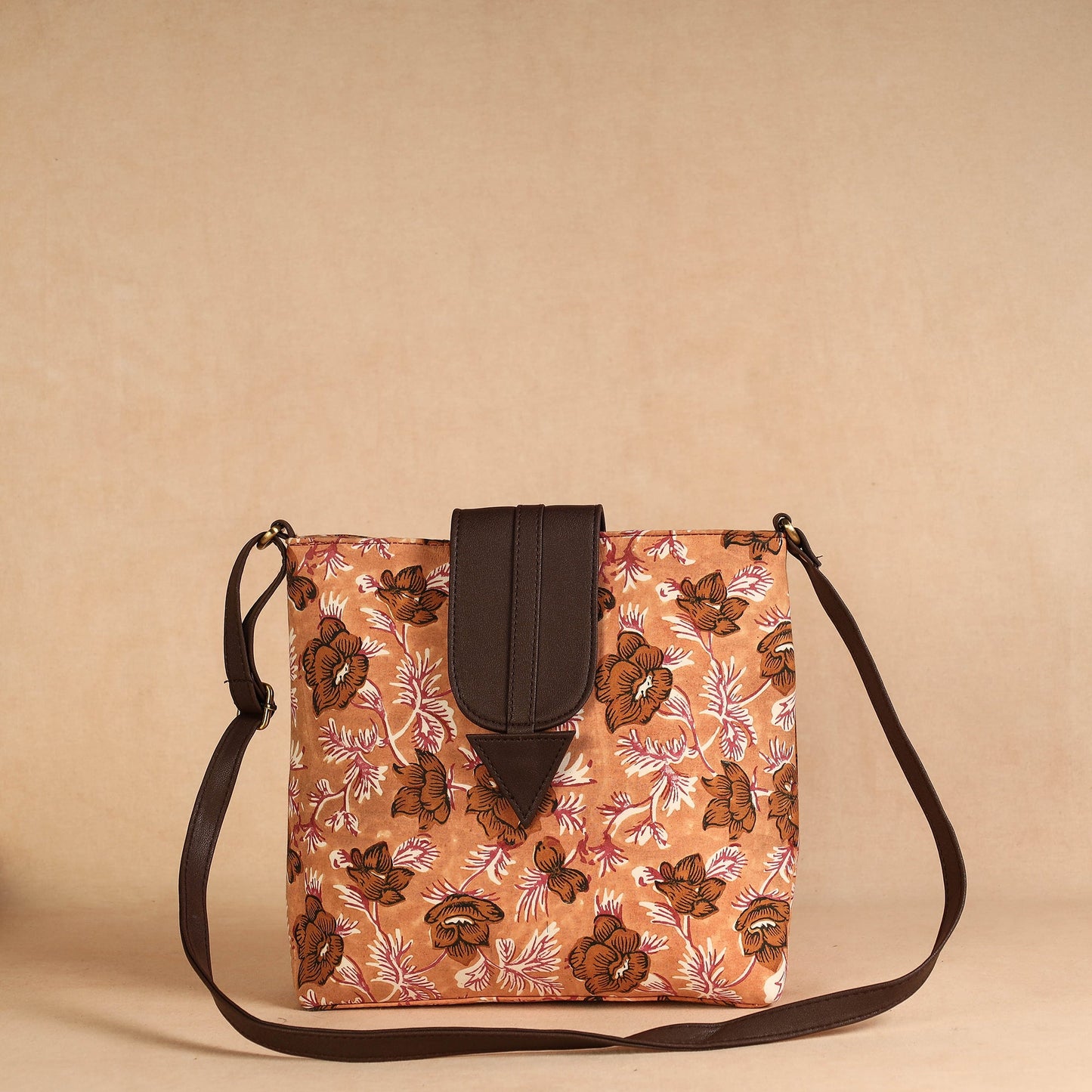 Brown Handcrafted Sanganeri Printed Leather Sling Bag