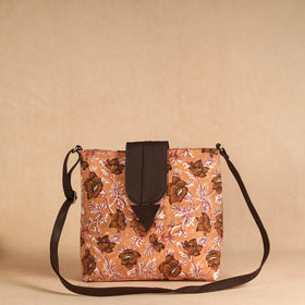 Brown Handcrafted Sanganeri Printed Leather Sling Bag