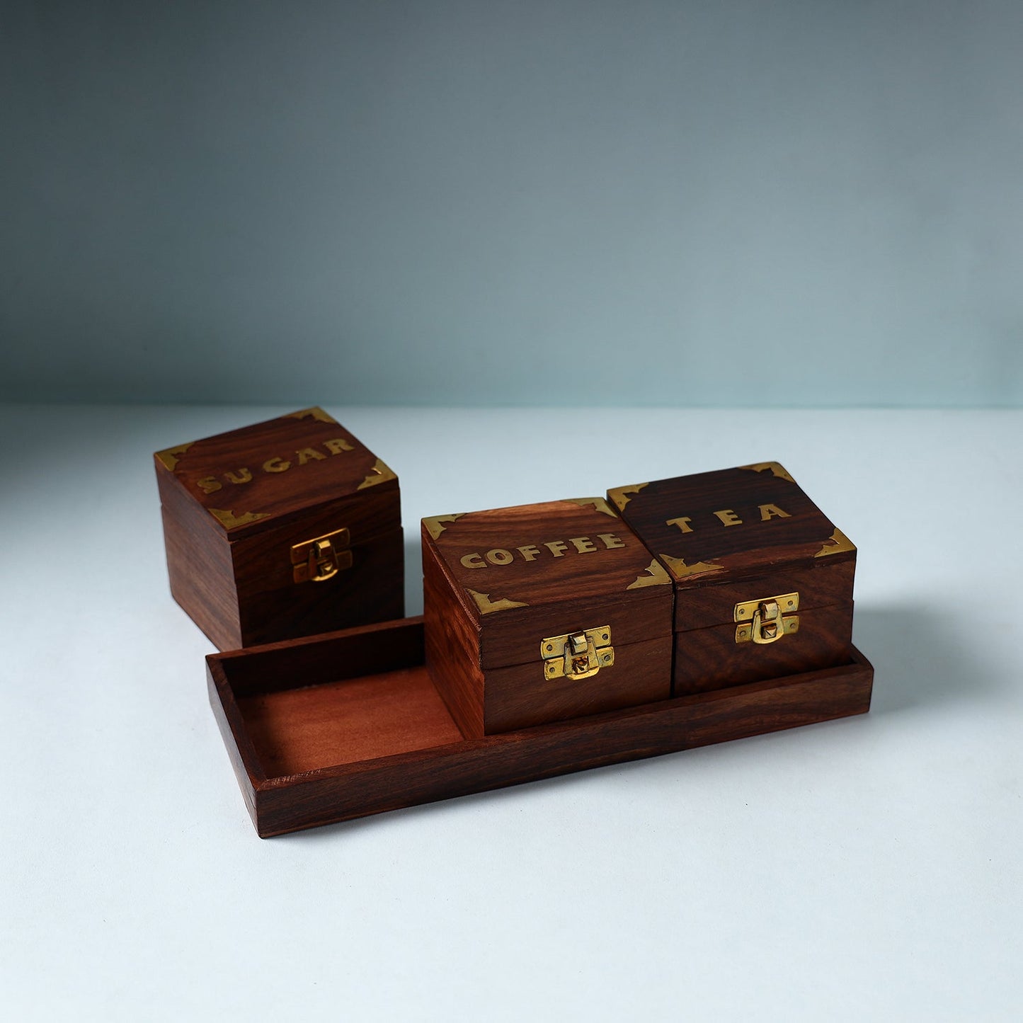 Handcrafted Sahasam Brown Wooden Tea Sugar Coffee Containers with Tray
