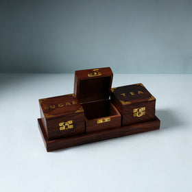 Handcrafted Sahasam Brown Wooden Tea Sugar Coffee Containers with Tray