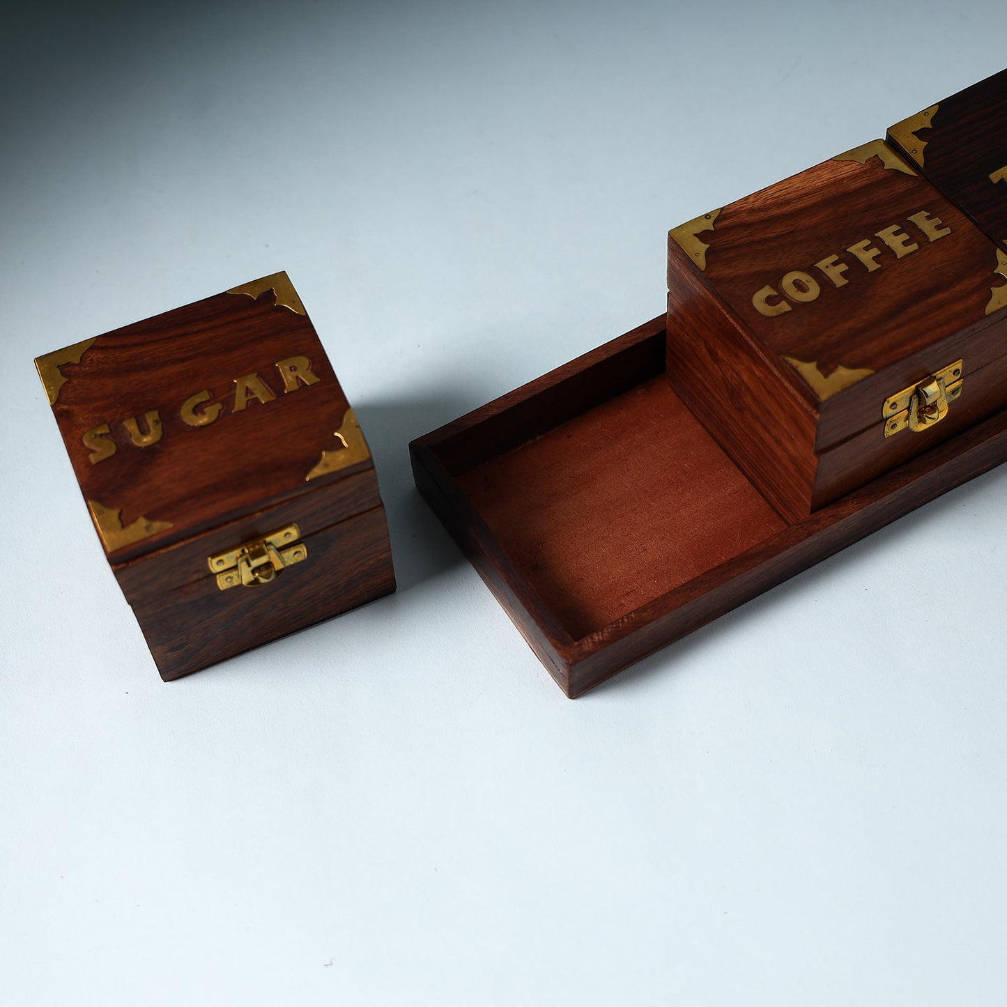 Handcrafted Sahasam Brown Wooden Tea Sugar Coffee Containers with Tray