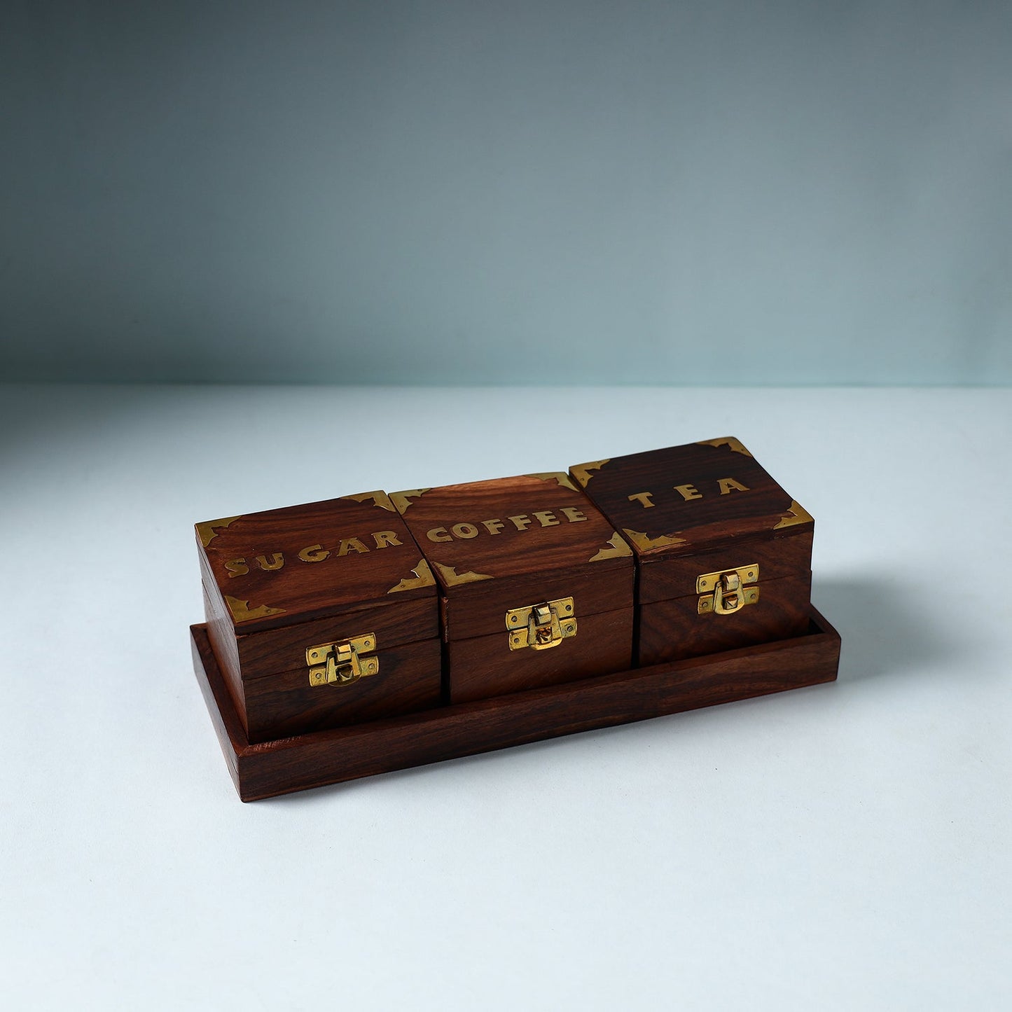 Handcrafted Sahasam Brown Wooden Tea Sugar Coffee Containers with Tray
